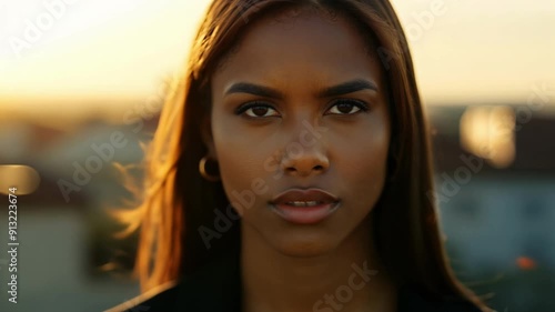 A woman with long brown hair is standing in front of a building with a sun shini photo