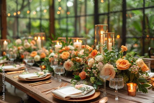 Elegant Floral Arrangement With Candles on Dining Table Surrounded by Lush Greenery at Evening Gathering