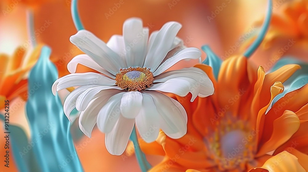 Fototapeta premium An orange and white flower with a blue stem is shown in a close-up photograph The flowers are set against an orange and white background, with the blue stem drawing attention to the foreground