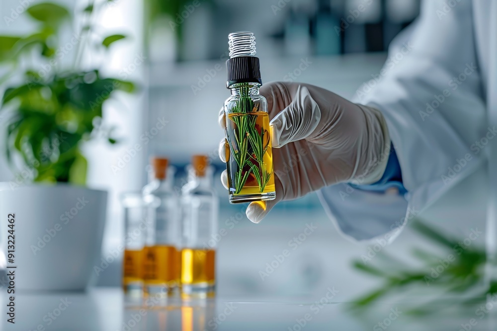 Aromatherapy lab assistant testing rosemary oil in test tube for wellness concept Aromatherapy lab assistant testing rosemary oil in test tube for wellness concept