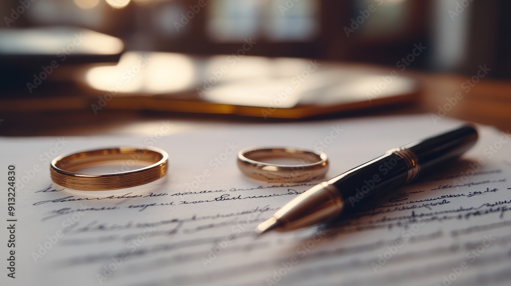 Divorce, rings, signing documents for a lawyer, marriage registration, or drafting a contract. A table, a close-up of a certificate, planning documents, or legal paperwork for an engagement or commitm