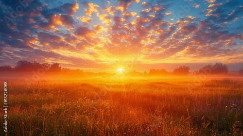 Sun Setting Over Field of Tall Grass