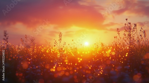 Sun Setting Over Tall Grass Field