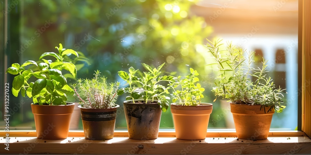 A row of potted plants sit on a windowsill, with one of them being a basil plant A row of potted plants sit on a windowsill, with one of them being a basil plant