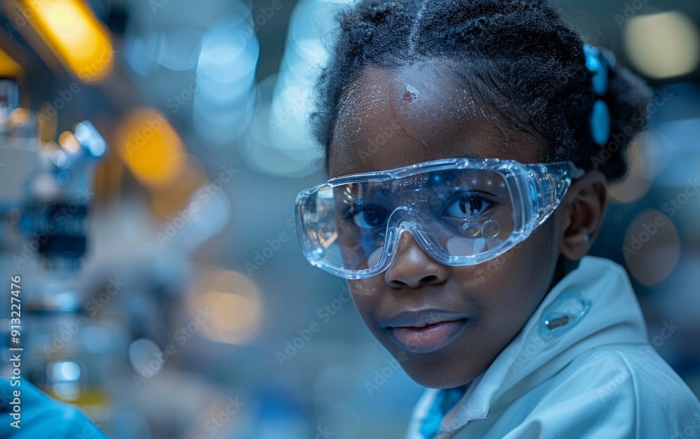 A child wearing safety goggles and a lab coat actively engages in scientific experiments, surrounded by laboratory equipment and bright lights A child wearing safety goggles and a lab coat actively engages in scientific experiments, surrounded by laboratory equipment and bright lights