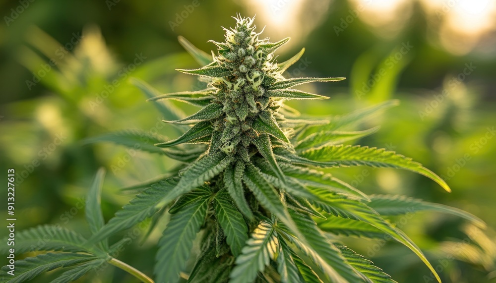 Close-up of a cannabis sativa plant growing under the summer sun Close-up of a cannabis sativa plant growing under the summer sun