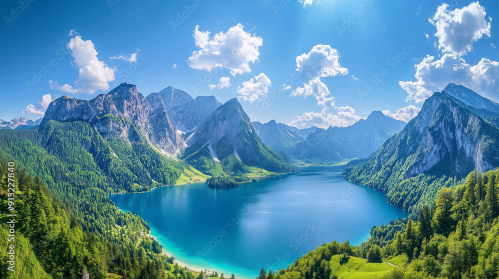 Beautiful colourful landscape of a blue lake in a green valley surrounded by mountains Beautiful colourful landscape of a blue lake in a green valley surrounded by mountains