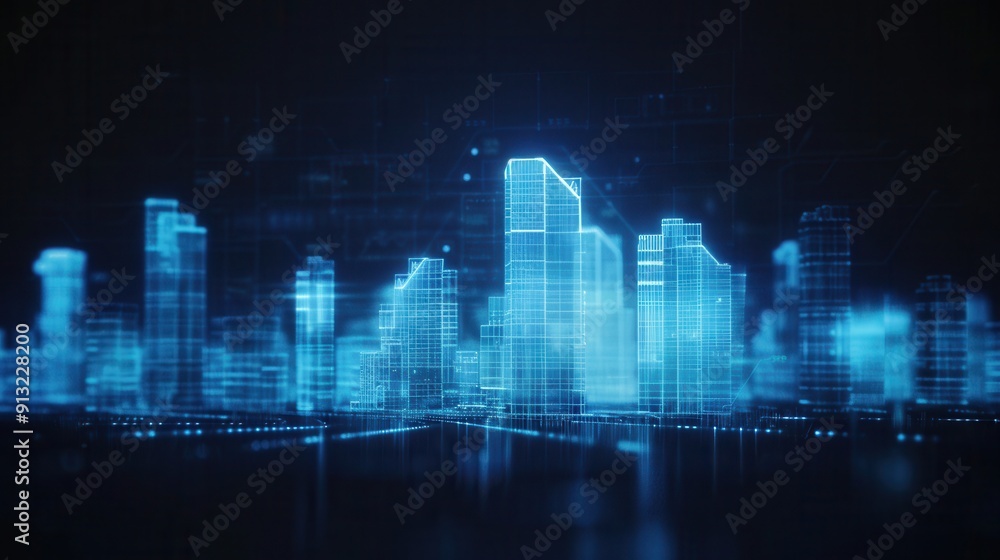 Futuristic city skyline illuminated in blue, showcasing a digital landscape and advanced architecture in a captivating visual design. Futuristic city skyline illuminated in blue, showcasing a digital landscape and advanced architecture in a captivating visual design.