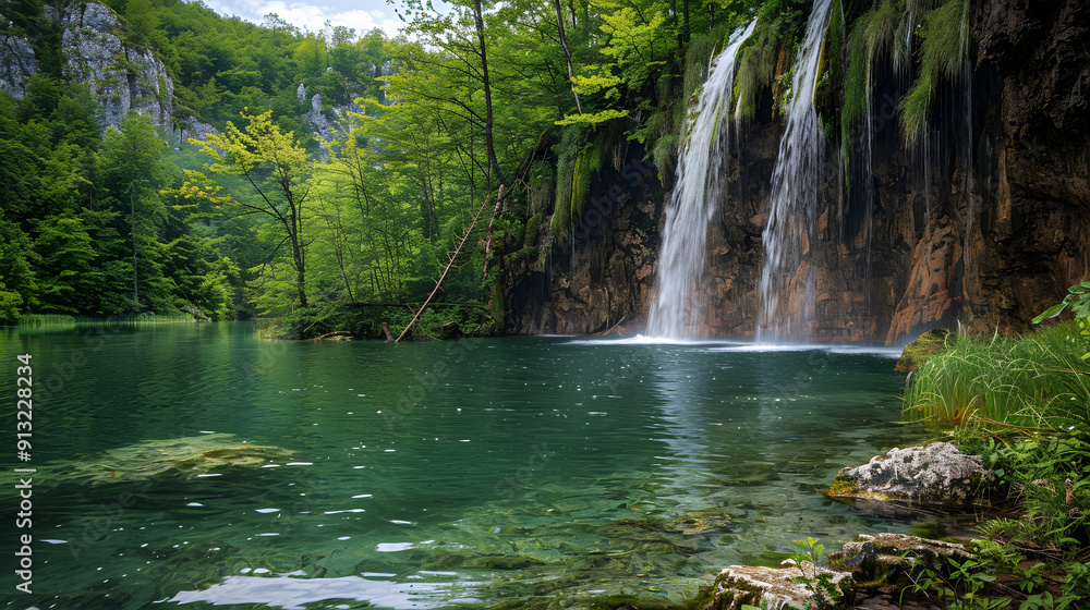 A tranquil scene with a waterfall gently flowing into a crystal-clear lake in a dense forest. A tranquil scene with a waterfall gently flowing into a crystal-clear lake in a dense forest.