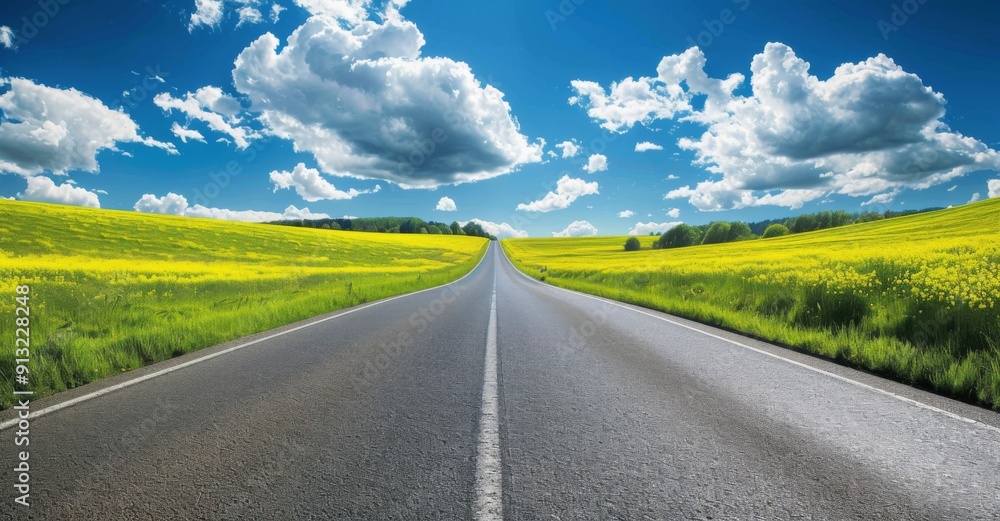 Long Road Leading into the Distance with Blue Sky, White Clouds, Green Fields, and Yellow Rapeseed Flowers Long Road Leading into the Distance with Blue Sky, White Clouds, Green Fields, and Yellow Rapeseed Flowers