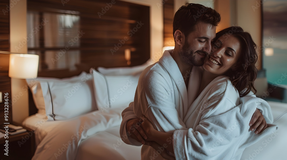 Couple hugging in bathrobes in hotel room Couple hugging in bathrobes in hotel room