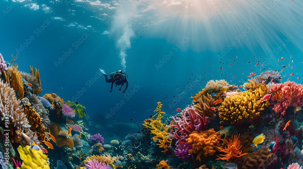 Fototapeta premium A vibrant underwater scene with marine life and a diver.