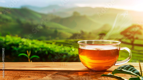 A cup of hot tea and green tea leaves on a wooden table on the tea plantations background. Banner. Copy space.