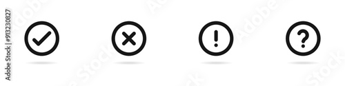 Vector icon set of check mark, exclamation point, question, cross in a circle. A set of punctuation marks. A simple set of attention signs. Vector illustration.