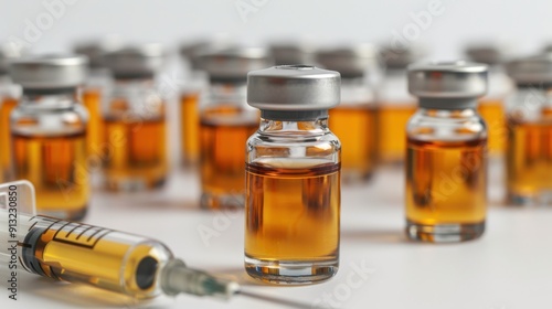 Medical syringes and Multicolored vials with injectables in a pharmaceutical laboratory on a white background