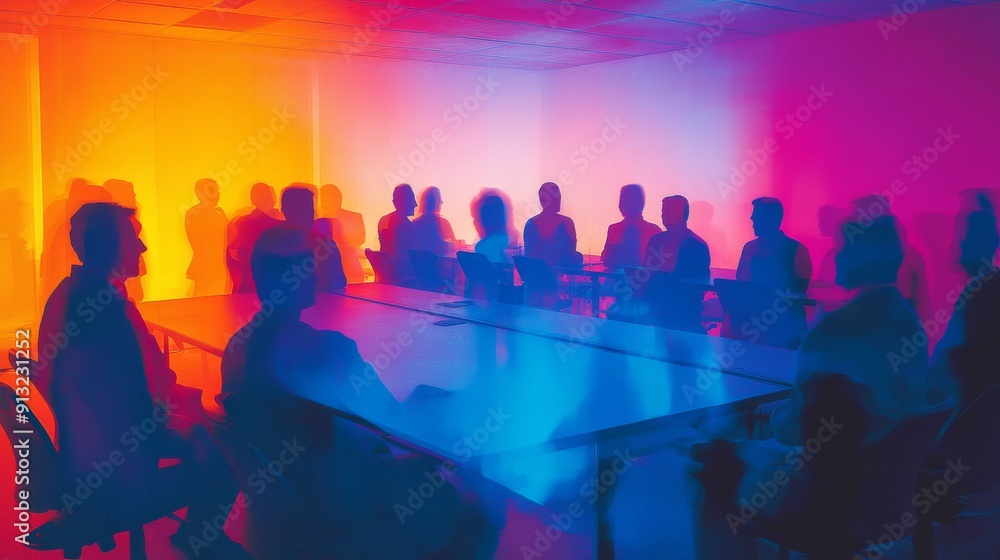 Thermal Imaging Photo of Diverse Group in Conference Room, Vibrant Colors, Business Meeting, Infrared Technology, Heat Map Analysis