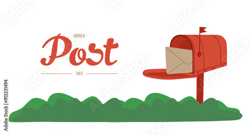 Post Day horizontal banner with post box mail box on green grass. World Post Day. Holiday poster design isolated. Open mailbox with an envelope. Postal letterbox. Colored flat vector illustration