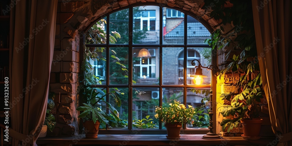Obraz premium A window with a lamp and plants in front of a building. The plants are in pots and there are several of them. The scene is peaceful and relaxing