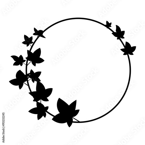 Circular ivy frame. Black silhouette leaves. Minimalist wreath design. Vector art.