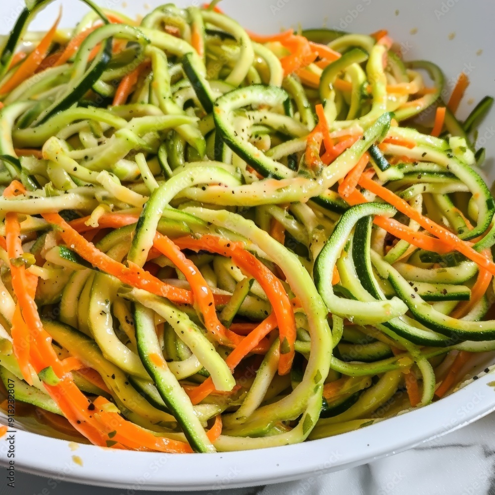 Close-up of a bowl of zucchini noodles with carrots and seasonings. Close-up of a bowl of zucchini noodles with carrots and seasonings.