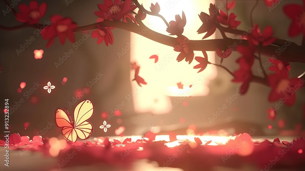 A butterfly on a tree with red flowers and a building in the background A butterfly on a tree with red flowers and a building in the background