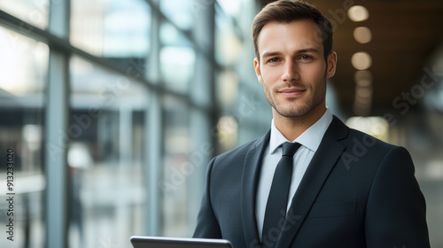 A man in a suit holding a tablet in his hand