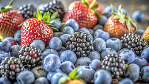 Wallpaper Mural variety of fruits and berries on a wooden table. The table fills most of the frame, and the fruits are scattered across it in a colorful display. generative ai Torontodigital.ca