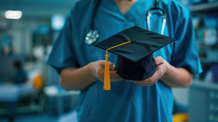 The nurse holding graduation cap