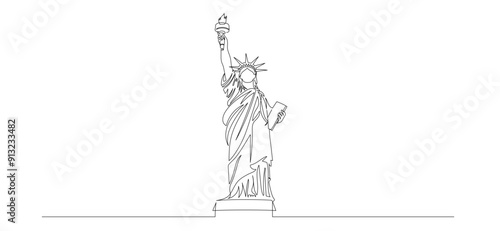 Continuous one line drawing of Liberty Statue. USA landmarks and New York city famous place in simple linear style. Editable stroke. Doodle vector illustration