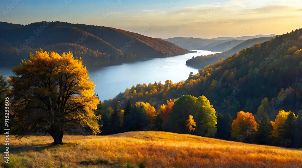 Beautiful lakeside fall woodland scenery, autumn coloured leaves and foliage, seasonal forest background, nature and landscape