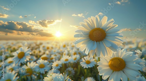 Sun Setting Over Field of Daisies