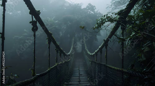 Fototapeta Naklejka Na Ścianę i Meble -  A weathered rope bridge surrounded by thick jungle mist creating a mysterious atmosphere.