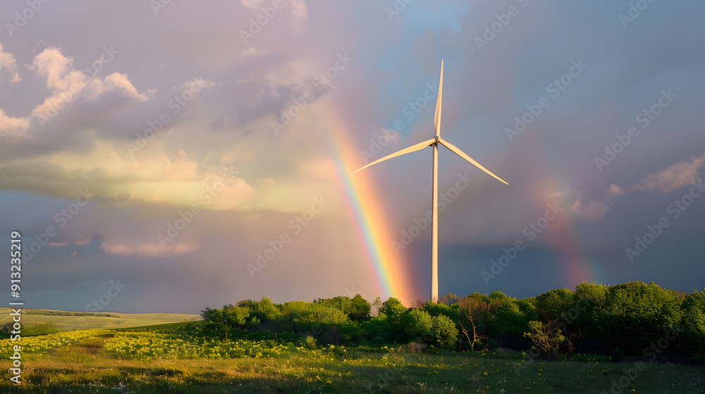 A wind turbine in a rural area with a rainbow in the background. A wind turbine in a rural area with a rainbow in the background.
