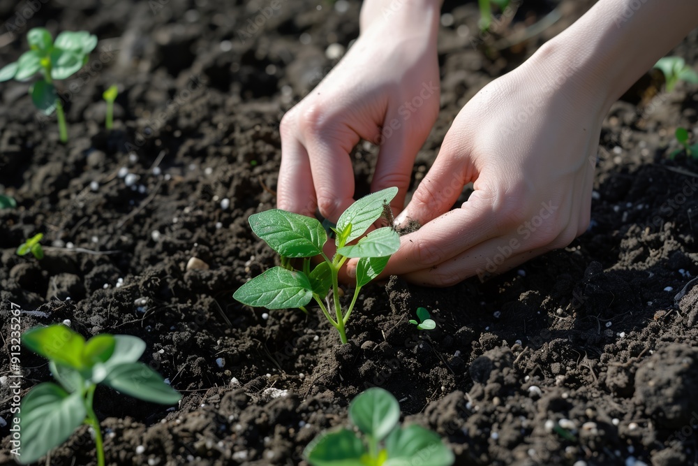 Hands Gently Tending Young Plants In Garden Soil During Bright Daylight Hands Gently Tending Young Plants In Garden Soil During Bright Daylight