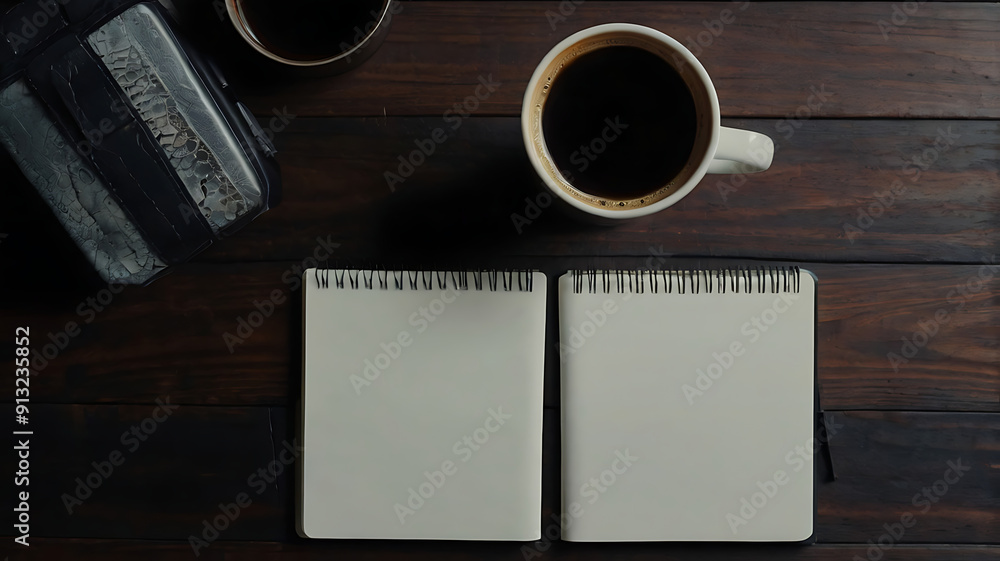 dark wood office desk table with blank notebook, supplies and coffee cup. Top view with copy space. Flat lay. dark wood office desk table with blank notebook, supplies and coffee cup. Top view with copy space. Flat lay.