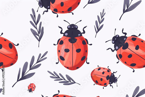 ladybugs on a white background. Seamless wallpaper pattern 