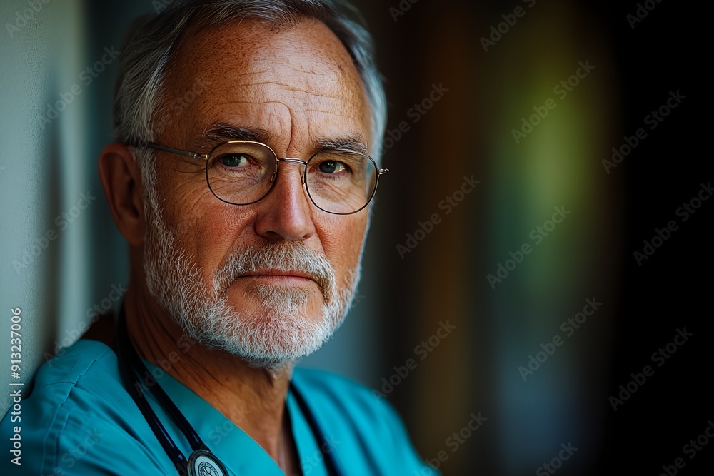 A man in a blue scrubs shirt and glasses is standing in front of a wall. He has a serious expression on his face A man in a blue scrubs shirt and glasses is standing in front of a wall. He has a serious expression on his face