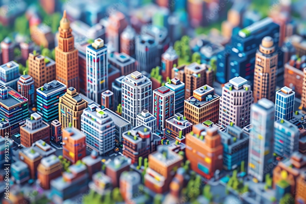 mesmerizing pixel art scene of a city seen from above, where advanced ...
