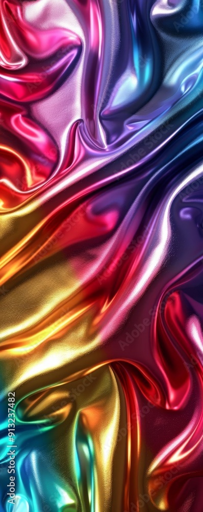 Fototapeta premium Vibrant and colorful abstract background with shiny, metallic textures and flowing patterns in red, purple, blue, and gold colors.