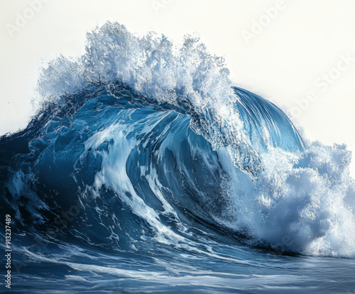 Large stormy sea wave in deep blue, isolated on white. Nature of the climate. in front. Generative AI