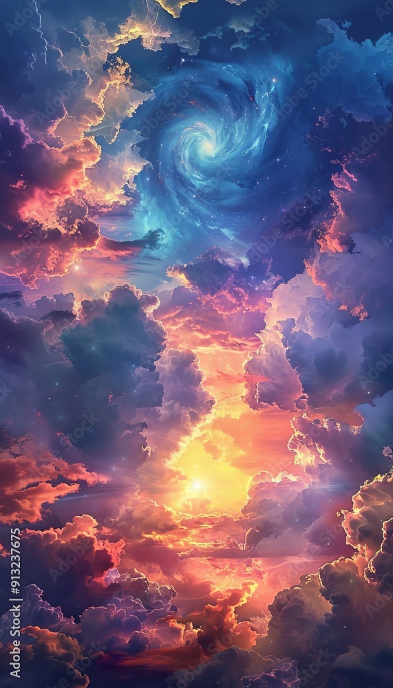 Vibrant sunset sky with swirling clouds in blue, pink, and orange hues creating a dreamy and surreal atmosphere. Vibrant sunset sky with swirling clouds in blue, pink, and orange hues creating a dreamy and surreal atmosphere.