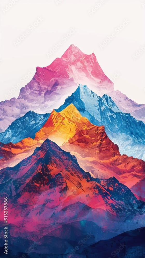 Obraz premium Vibrant multicolored mountain range illustration with vivid hues, showcasing abstract art inspired by nature's majestic peaks and valleys.