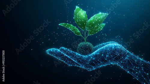 A glowing electrified hand holding an electrified plant against a dark blue background, symbolizing sustainability, renewable energy, and environmental conservation through innovative technology