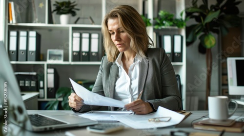 The businesswoman reading documents