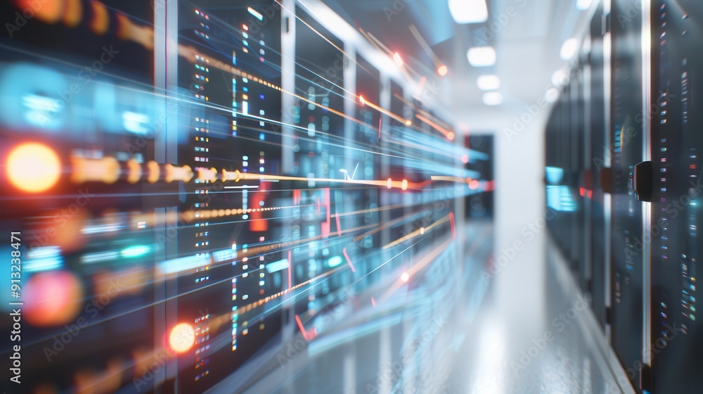 Dynamic data center with vibrant lights and high-speed connections, showcasing modern technology in action. Dynamic data center with vibrant lights and high-speed connections, showcasing modern technology in action.