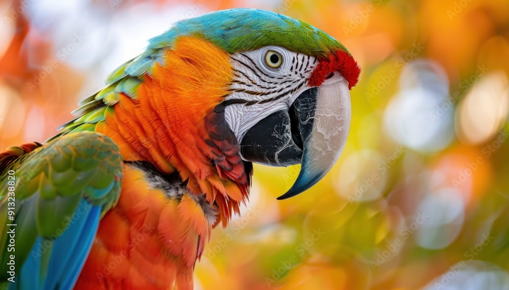 Beautiful scarlet macaw parrot is posing on a blurred background Beautiful scarlet macaw parrot is posing on a blurred background