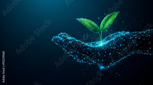 A glowing electrified hand holding an electrified plant against a dark blue background, symbolizing sustainability, renewable energy, and environmental conservation through innovative technology