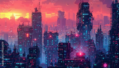 Futuristic cyberpunk cityscape with neon lights and skyscrapers at sunset. Vibrant colors create a modern, dystopian atmosphere. photo