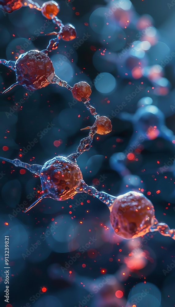 Close-up view of a molecular structure with glowing red spheres on a dark blue background, symbolizing scientific research and chemistry. Close-up view of a molecular structure with glowing red spheres on a dark blue background, symbolizing scientific research and chemistry.