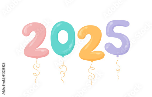 2025 colorful balloons numbers vector illustration. Flat helium balloons isolated on white background. Inflatable digits on strings for New Year designs